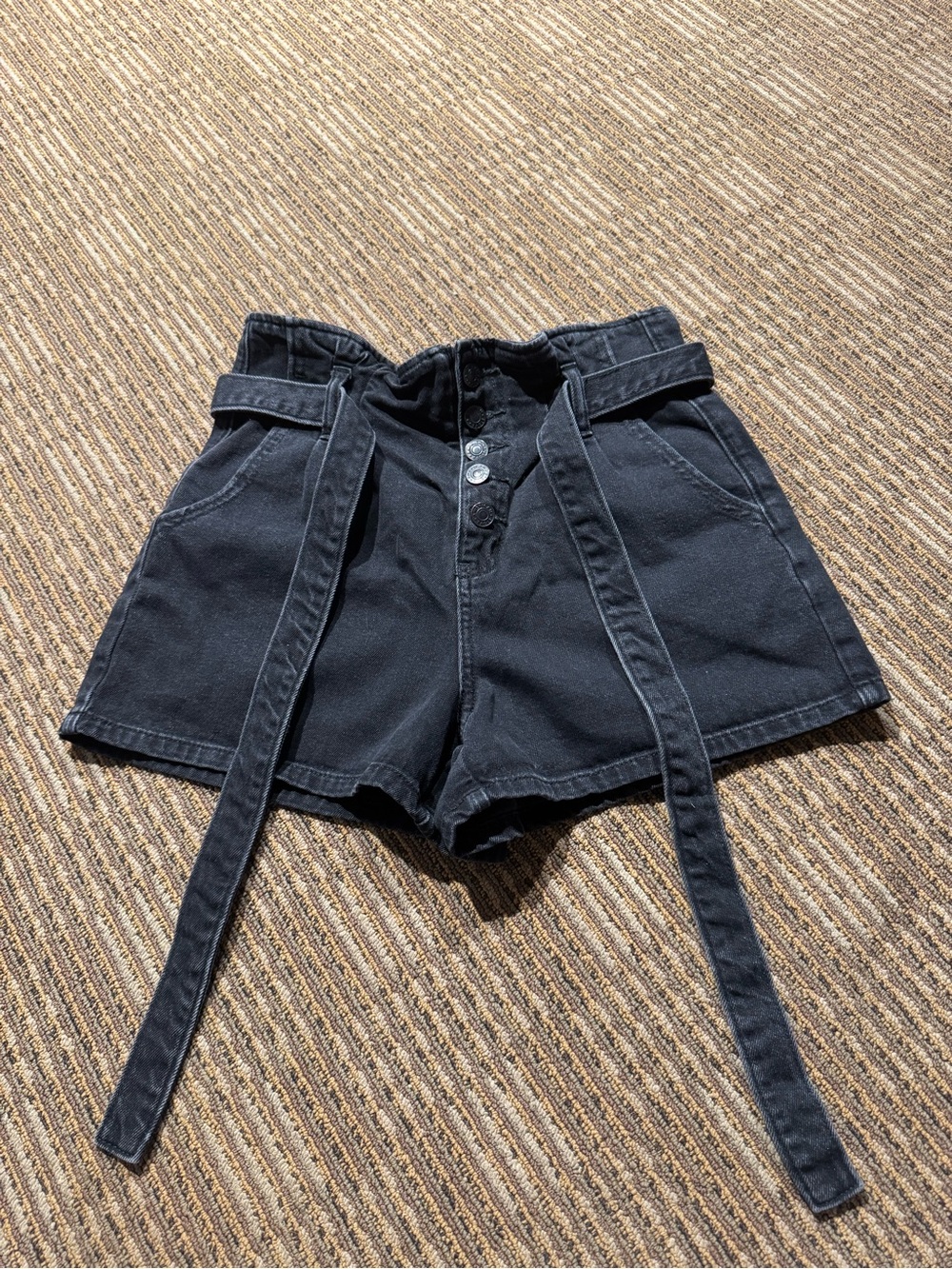American Eagle Outfitters Black High-Waist Paperbag Belted Shorts
